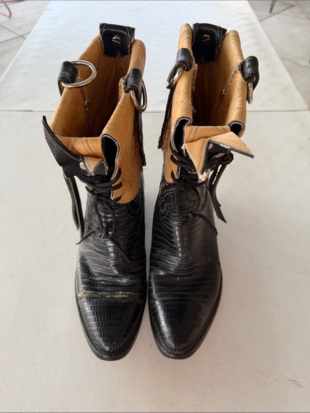 Vintage Women's Black Western Lace-Up Boots with Tan Interior and Ring Detail